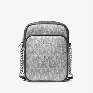 Michael Kors Jet Set Medium Silver Metallic Signature Logo Crossbody Bag Boxed